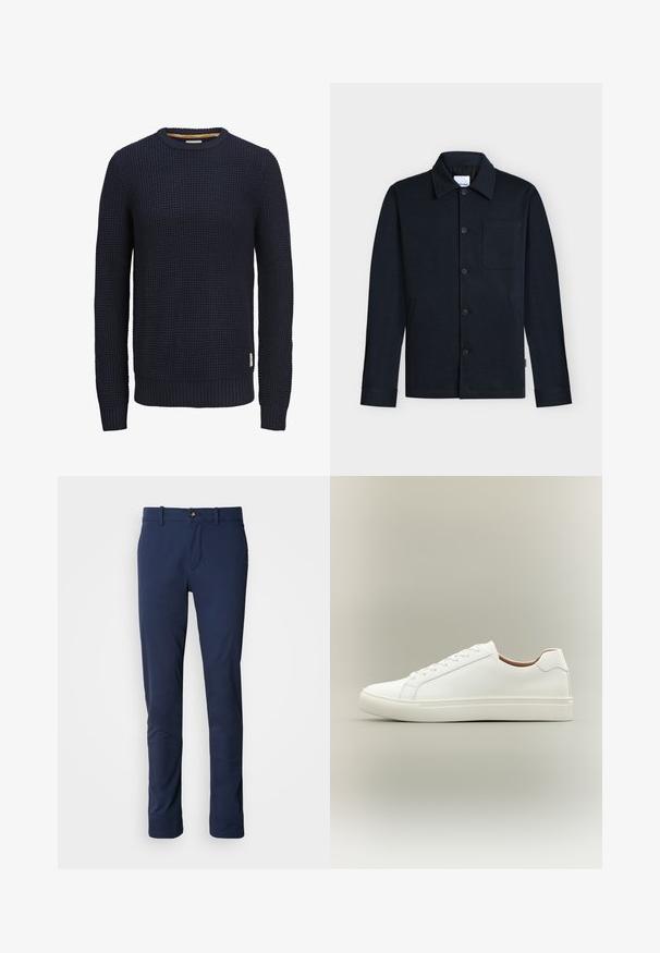 Chaqueta azul marino con botones, con cuello, mangas largas y un único bolsillo en el pecho sobre un fondo neutro.; Jersey de punto azul marino de manga larga con cuello redondo, patrón texturizado tipo waffle y puños y dobladillo acanalados.; Pantalones azul marino de tela suave, con un diseño de pierna recta, cierre de cremallera y un único bolsillo frontal con cierre de botón.; Zapatilla blanca de corte bajo con cierre de cordones y suela plana, mostrada de perfil sobre un fondo neutro.