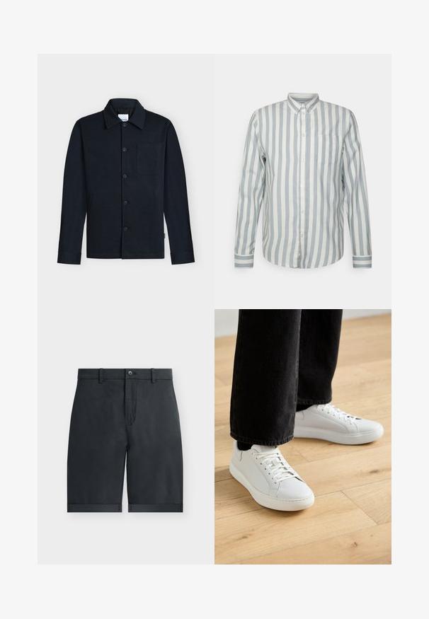 Chaqueta azul marino con botones, con cuello, mangas largas y un único bolsillo en el pecho sobre un fondo neutro.; Camisa de botones en azul claro y rayas blanco roto. Cuenta con un collar clásico, mangas largas y un bolsillo en el pecho. Tejido suave, corte relajado.; Pantalones cortos negros hasta la rodilla con dobladillos vuelta, cierre con botón, trabillas para cinturón y diseño frontal plano sobre un fondo blanco liso.; Zapatillas bajas de cuero blanco, con cierre de cordones, punta redonda y diseño minimalista. Combinadas con jeans negros ajustados.