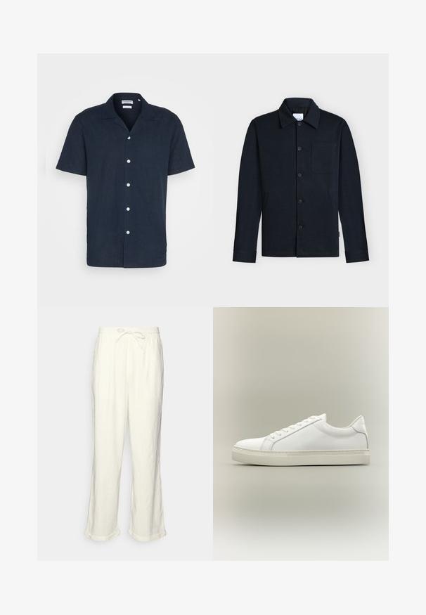 Veste bleu marine à boutons avec col, manches longues et une poche poitrine unique sur un fond neutre.; Chemise à manches courtes bleu marine à boutons en tissu léger, avec un col, six boutons blancs et une coupe décontractée.; Pantalons en lin blanc cassé avec une taille élastique, jambes légèrement larges et ourlets roulés pour un look décontracté. Pas de poches.; Baskets blanches basses à lacets sur l’avant et semelle épaisse, vues de côté sur un fond neutre.