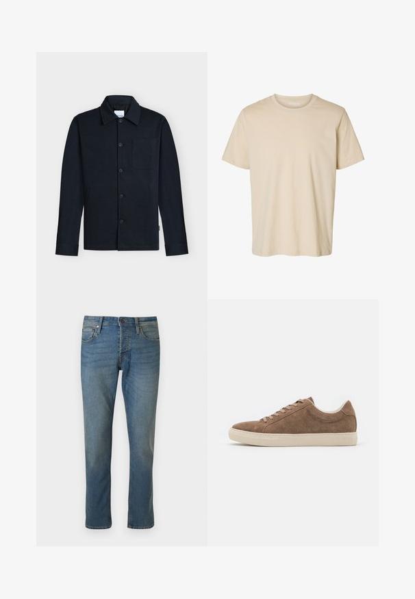 Marineblaue Hemdjacke mit Kragen, langen Ärmeln und einer einzelnen Brusttasche auf neutralem Hintergrund.; Beige T-Shirt mit kurzen Ärmeln und Rundhalsausschnitt, schlichtes Design, aus weichem Stoff gefertigt.; Straight-leg blaue Jeans aus Denim mit Vordertaschen, Gürtelschlaufen und Knopfverschluss auf einfarbigem Hintergrund.; Braune Wildleder-Sneaker für die Freizeit mit niedrigem Profil, flacher beige Gummisohle und sechs Schnürlöchern. Abgerundete Zehenform und minimalistisches Design.