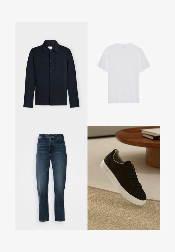 Marineblaue Hemdjacke mit Kragen, langen Ärmeln und einer einzelnen Brusttasche auf neutralem Hintergrund.; Weißes Baumwoll-T-Shirt mit kurzen Ärmeln, Rundhalsausschnitt und glatter Textur. Verfügt über eine minimale Markenkennzeichnung am Halsausschnitt.; Dunkelblaue gerade Jeans mit Knopf- und Reißverschluss vorne, Fünf-Taschen-Design und subtiler Ausbleichung an Oberschenkeln und Knien.; Schwarze Sneakers mit weißer Sohle, die über einem beige strukturierten Teppich schweben, in der Nähe eines runden Holztisches mit gestapelten Büchern.