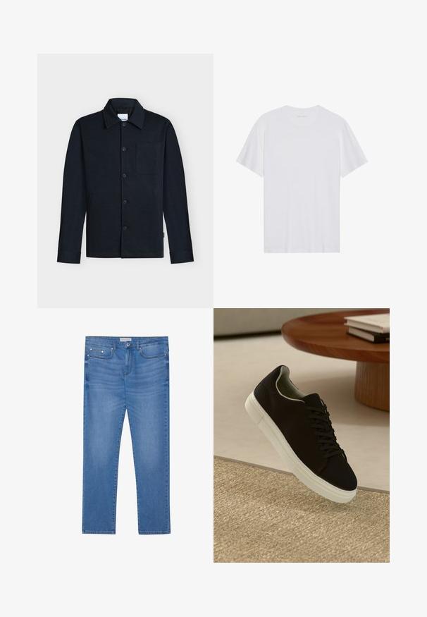Chaqueta azul marino con botones, con cuello, mangas largas y un único bolsillo en el pecho sobre un fondo neutro.; Camiseta de algodón blanca con mangas cortas, cuello redondo y una textura suave. Presenta una marca mínima en el escote.; Jeans de mezclilla azul claro con corte recto, diseño de cinco bolsillos, un ligero desgaste y detalles en metal en la cintura y los bolsillos.; Zapatilla negra con suela blanca flotando sobre una alfombra texturizada beige cerca de una mesa redonda de madera con libros apilados.