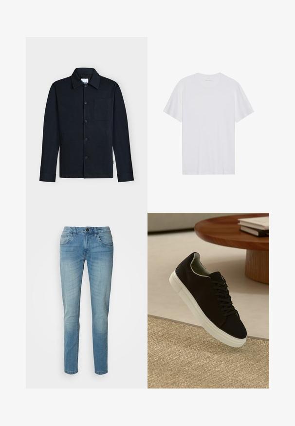 Marineblå skjortejakke med krave, lange ærmer og en enkelt brystlomme på en neutral baggrund.; Hvid bomulds T-shirt med korte ærmer, rund hals og en glat tekstur. Har minimal branding på halsudskæringen.; Lysblå denim jeans, lige ben, fem-lomme design, med knaplukning og subtil falming for tekstur og detaljer.; Sort sneaker med hvid sål svævende over en beige tekstureret tæppe nær et rundt trætabel med stablede bøger.