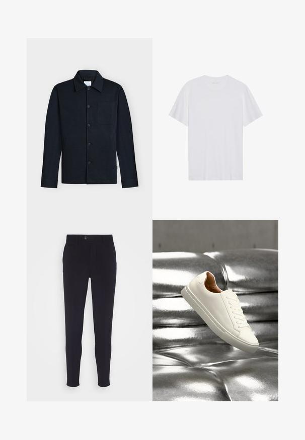 Chaqueta azul marino con botones, con cuello, mangas largas y un único bolsillo en el pecho sobre un fondo neutro.; Camiseta de algodón blanca con mangas cortas, cuello redondo y una textura suave. Presenta una marca mínima en el escote.; Pantalones ajustados de color azul marino, con un corte slim, que cuentan con un cierre de botón, bolsillos laterales y una tela suave con una ligera textura.; Zapatilla blanca de caña baja flotando sobre una superficie de cuero plateado brillante con botones.