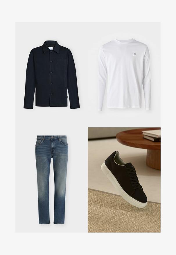 Chaqueta azul marino con botones, con cuello, mangas largas y un único bolsillo en el pecho sobre un fondo neutro.; Camisa de algodón blanca de manga larga con cuello redondo y un pequeño logo "M OP" en azul oscuro en el lado izquierdo del pecho. Textura suave.; Vaqueros de mezclilla azul descoloridos de pierna recta con bolsillos delanteros, trabillas para cinturón y cierre de botón en la cintura.; Zapatilla negra con suela blanca flotando sobre una alfombra texturizada beige cerca de una mesa redonda de madera con libros apilados.
