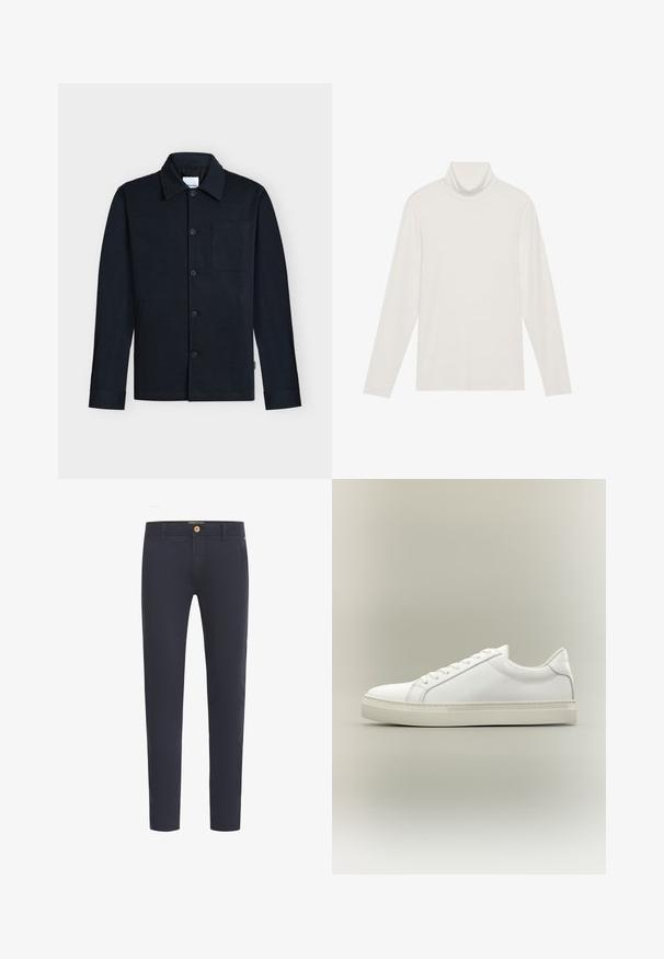 Chaqueta azul marino con botones, con cuello, mangas largas y un único bolsillo en el pecho sobre un fondo neutro.; Top de manga larga con cuello alto en blanco. Tejido suave y elástico con una silueta ajustada. Presenta un cuello alto y un detalle de costuras mínimas.; Pantalones azul marino hechos de una tela suave, con un ajuste regular, diseño de cinco bolsillos y cierre frontal con botón.; Zapatilla blanca de perfil bajo con cordones en la parte delantera y suela gruesa, mostrada de lado sobre un fondo neutro.