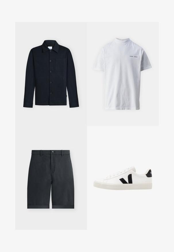 Chaqueta azul marino con botones, con cuello, mangas largas y un único bolsillo en el pecho sobre un fondo neutro.; Camisa de algodón blanca con un cuello alto y mangas cortas. Presenta el logo "SAMSØE SAMSØE" en negro en la parte delantera. Textura suave.; Pantalones cortos negros hasta la rodilla con dobladillos vuelta, cierre con botón, trabillas para cinturón y diseño frontal plano sobre un fondo blanco liso.; Zapatilla de cuero blanca con acentos de ante negro; presenta una suela de goma, puntera redonda y un diseño clásico de cordones. Logo lateral en negro.