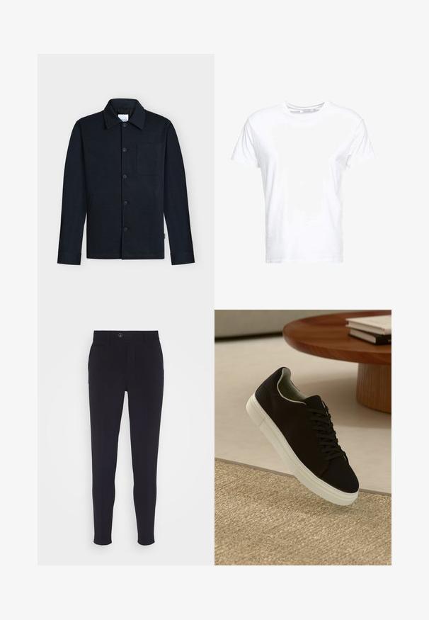 Marineblaue Hemdjacke mit Kragen, langen Ärmeln und einer einzelnen Brusttasche auf neutralem Hintergrund.; Weißes Baumwoll-T-Shirt mit rundem Ausschnitt und kurzen Ärmeln, im klassischen Schnitt und mit glatter Textur. Keine sichtbaren Muster oder Hardware.; Navyblaue, taillierte Hose mit schlankem Schnitt, ausgestattet mit einem Knopfverschluss, seitlichen Taschen und einem glatten, leicht strukturierten Stoff.; Schwarze Sneakers mit weißer Sohle, die über einem beige strukturierten Teppich schweben, in der Nähe eines runden Holztisches mit gestapelten Büchern.