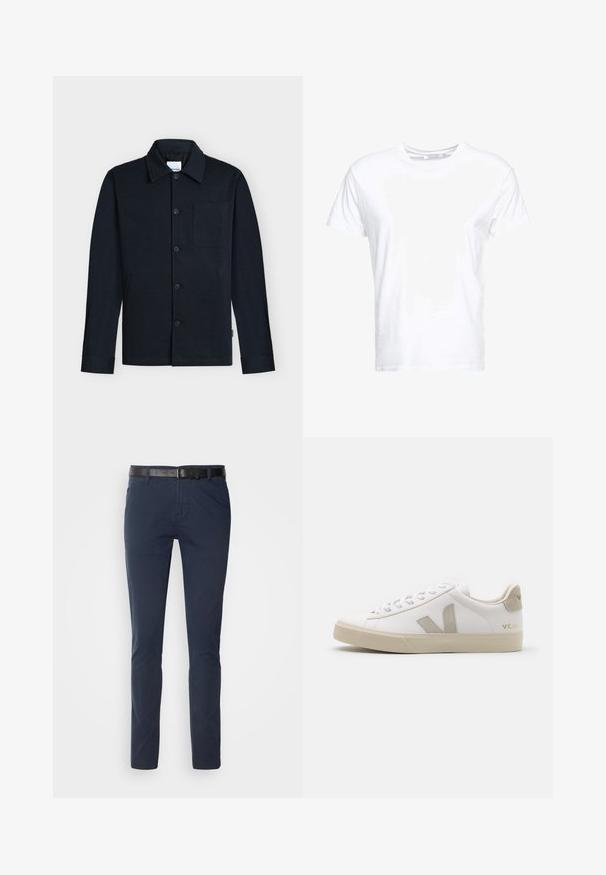 Chaqueta azul marino con botones, con cuello, mangas largas y un único bolsillo en el pecho sobre un fondo neutro.; Camiseta de algodón blanca con cuello redondo y mangas cortas, con un corte clásico y una textura suave. Sin patrones ni elementos metálicos visibles.; Pantalones de algodón azul marino con corte ajustado, que presentan un cinturón de cuero negro texturizado y bolsillos clásicos. Diseño limpio, sin patrones.; Zapatillas blancas de cuero con acentos en beige, suela plana de goma, puntera redonda y logotipo contrastante en el lado y la parte trasera. Diseño con cordones.