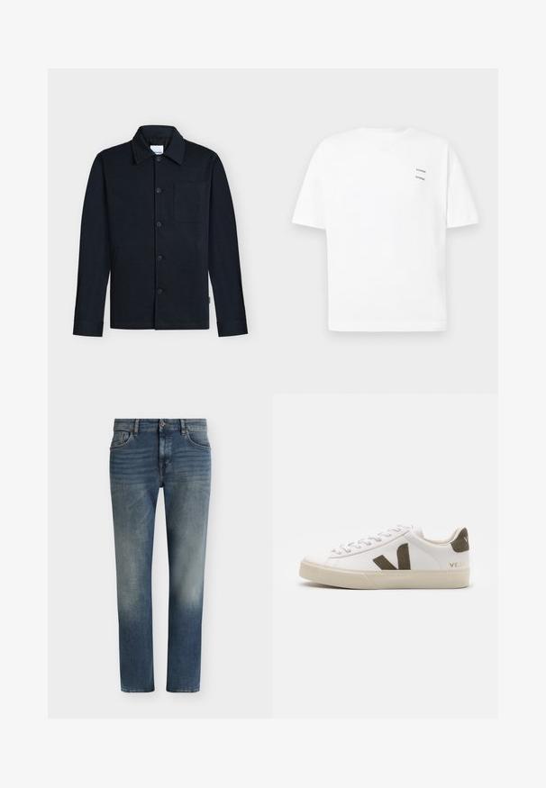 Marineblaue Hemdjacke mit Kragen, langen Ärmeln und einer einzelnen Brusttasche auf neutralem Hintergrund.; Weißes Baumwoll-T-Shirt mit lässiger Passform, kurzen Ärmeln und V-Ausschnitt. Verfügt über zwei kleine schwarze gedruckte Logos auf der linken Seite.; Blau verwaschene Jeans mit geradem Bein, Vordertaschen, Gürtelschlaufen und einem Knopfverschluss an der Taille.; Weiße Leder-Sneaker mit einer hellbeigen Gummisohle. Mit braunem Wildleder-V-Logo und Fersenlasche. Schnürverschluss mit texturierter Oberfläche.