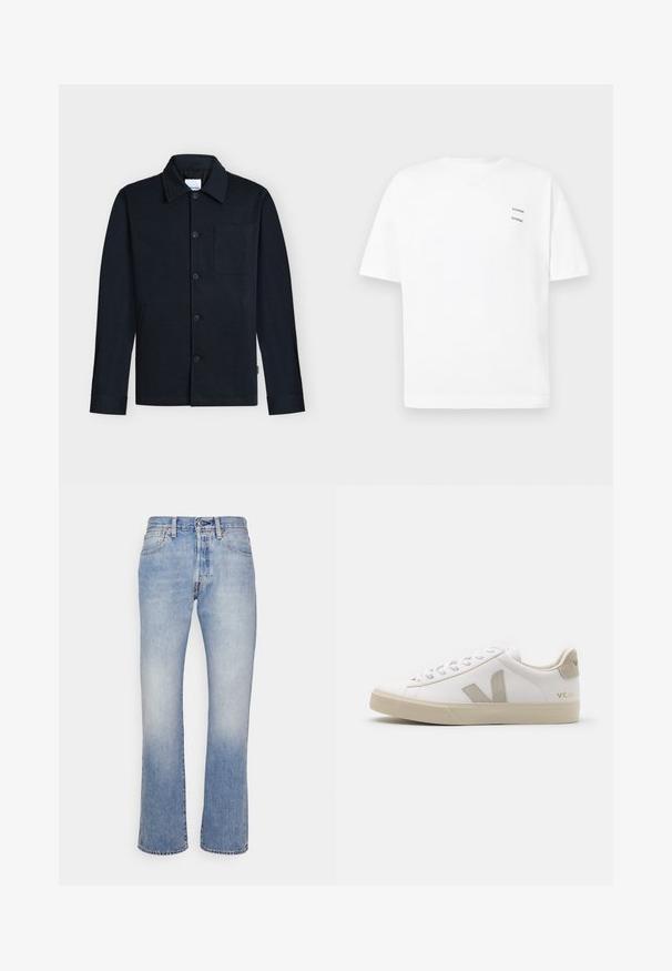 Veste bleu marine à boutons avec col, manches longues et une poche poitrine unique sur un fond neutre.; T-shirt blanc en coton avec une coupe décontractée, des manches courtes et un col en V. Présente deux petits logos noirs imprimés sur le côté gauche.; Jean bleu clair droit avec lavage délavé, design cinq poches, fermeture par bouton et passants de ceinture sur fond blanc.; Baskets en cuir blanc avec des accents beiges, semelle plate en caoutchouc, bout rond et logo contrastant sur le côté et à l'arrière. Design à lacets.