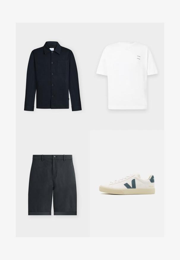 Marineblaue Hemdjacke mit Kragen, langen Ärmeln und einer einzelnen Brusttasche auf neutralem Hintergrund.; Weißes Baumwoll-T-Shirt mit lässiger Passform, kurzen Ärmeln und V-Ausschnitt. Verfügt über zwei kleine schwarze gedruckte Logos auf der linken Seite.; Schwarze knielange Shorts mit umgeschlagenen Säumen, Knopfverschluss, Gürtelschlaufen und flachem Vorderdesign auf einfachem weißem Hintergrund.; Weißes Ledersneaker mit einem Logo aus türkisem Wildleder, runder Zehenpartie, Schnürdesign und Gummisohle mit strukturierten Details. Markenname "VEJA" in Gold.