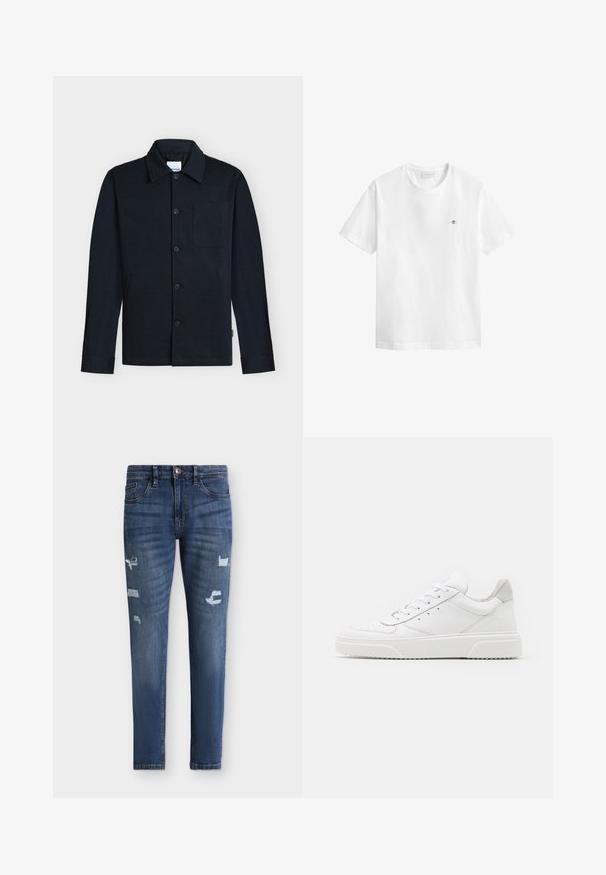 Veste bleu marine à boutons avec col, manches longues et une poche poitrine unique sur un fond neutre.; T-shirt blanc à manches courtes avec col rond, petit logo bouclier brodé sur la poitrine gauche et étiquette GANT à l'intérieur du col.; Jean skinny en denim bleu avec légère décoloration et zones usées aux cuisses et aux genoux, fermeture avant par bouton et zip, design cinq poches.; Des baskets en cuir blanc avec une finition lisse, un bout rond, des lacets plats et une semelle texturée. Accents en daim gris au niveau du talon.