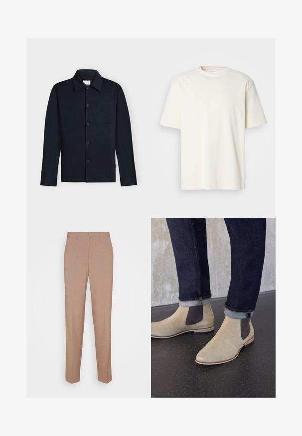 Marineblauwe blousejas met knopen, kraag, lange mouwen en een enkele borstzak op een neutrale achtergrond.; Effen off-white T-shirt met korte mouwen en ronde hals, unisex ontwerp, weergegeven op een neutrale grijze achtergrond.; Beige, op maat gemaakte broek van een gladde, gestructureerde stof. Rechte pasvorm met een tailleband en zonder zichtbare versieringen of zakken.; Lichtbeige suède Chelsea-laarzen met donkere elastische zijpanelen, gedragen met donker opgerolde spijkerbroeken op een zwarte gevlekte vloer.