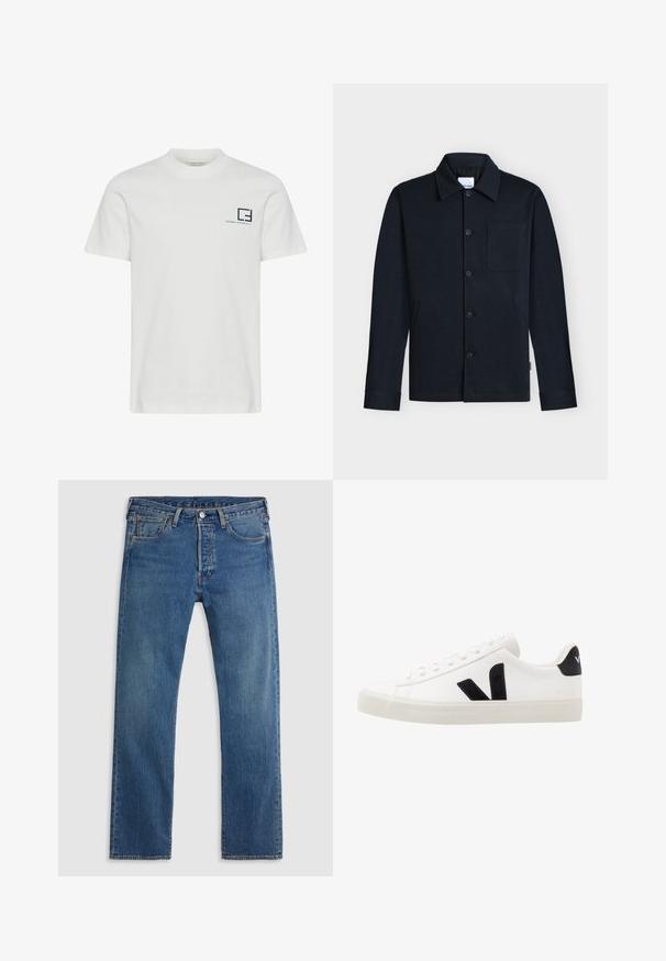 Veste bleu marine à boutons avec col, manches longues et une poche poitrine unique sur un fond neutre.; T-shirt en coton blanc avec un col rond et des manches courtes. Présente un logo graphique bleu marine et du texte sur la partie gauche de la poitrine.; Jean en denim bleu à jambe droite avec cinq poches, passants de ceinture, et une fermeture avant à bouton et fermeture éclair sur fond uni.; Sneaker blanche en cuir avec des accents en daim noir ; dispose d'une semelle en caoutchouc, d'un bout rond et d'un design classique à lacets. Logo latéral en noir.