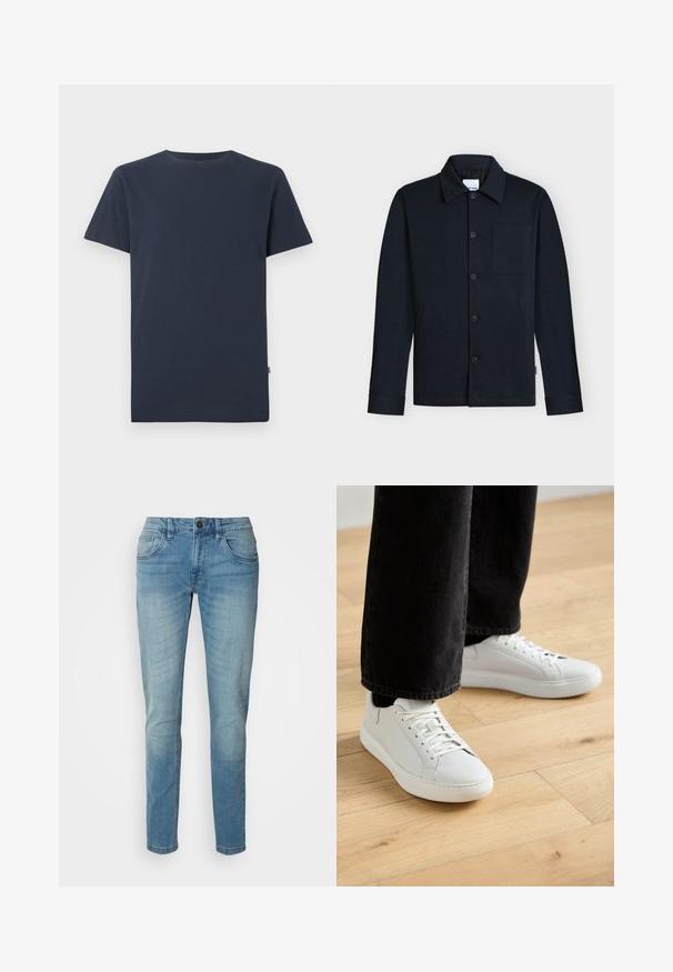 Marineblauwe blousejas met knopen, kraag, lange mouwen en een enkele borstzak op een neutrale achtergrond.; Effen donker marineblauw T-shirt met korte mouwen en ronde hals, met een klein wit SELECTED-merklabel binnenin de kraag.; Lichtblauwe denim jeans, rechte pijpen, vijf-pocket ontwerp, met een knoopsluiting en subtiele vervaging voor textuur en detail.; Lage sneakers van wit leer, met vetersluiting, ronde neus en een minimalistisch ontwerp. Gepaart met zwarte, tapered jeans.