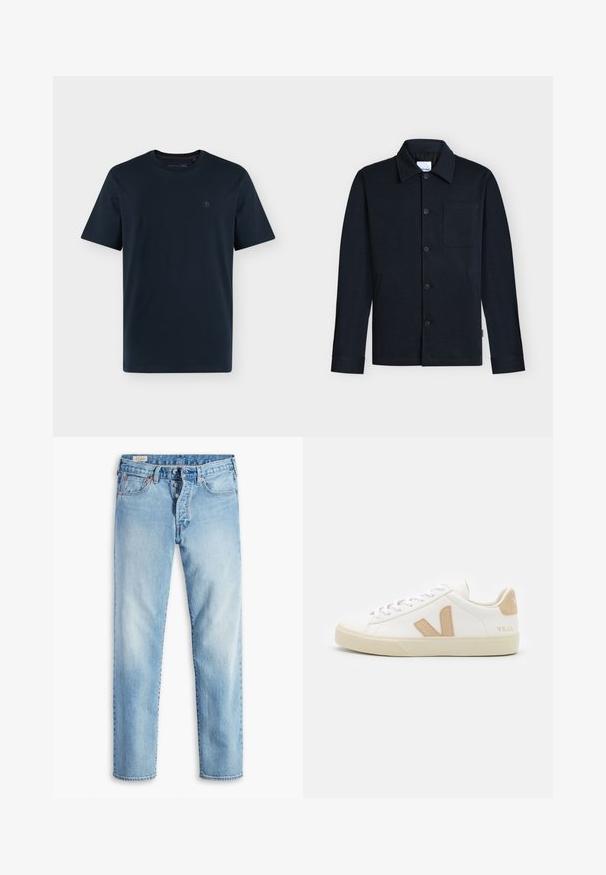 Chaqueta azul marino con botones, con cuello, mangas largas y un único bolsillo en el pecho sobre un fondo neutro.; Camiseta azul marino oscuro de manga corta y cuello redondo, con un pequeño logo discreto en el pecho izquierdo sobre fondo blanco.; Vaqueros de mezclilla azul claro con diseño de pierna recta, que cuentan con cinco bolsillos, trabillas para cinturón y cierre frontal con botones.; Zapatillas blancas con acentos beige, material de cuero liso, punta redonda, suela de goma plana y cordones en la parte delantera con un logotipo en el talón.