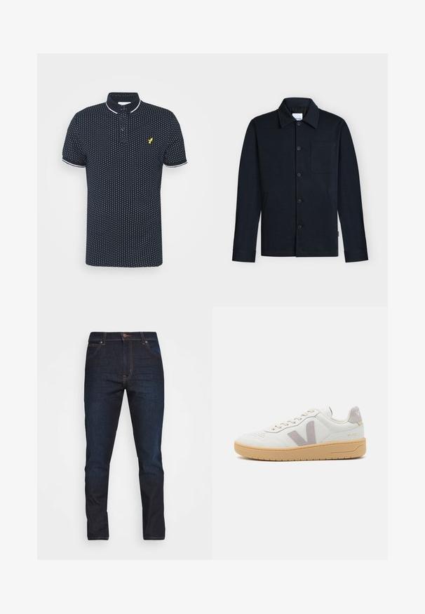 Chaqueta azul marino con botones, con cuello, mangas largas y un único bolsillo en el pecho sobre un fondo neutro.; Polo navy con un pequeño patrón de puntos blancos, mangas cortas, acentos blancos en el cuello y los puños, y un logo amarillo en el pecho.; Vaqueros de denim azul oscuro con un corte ajustado, cinco bolsillos y cierre de botón. Presentan costuras en contraste y una textura suave.; Zapatilla de cuero blanco con acentos de ante gris, cierre con cordones, puntera perforada y suela de goma beige. Presenta el logo en el talón.