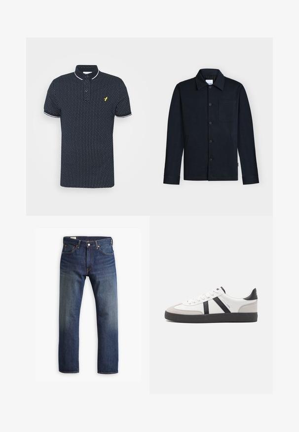 Veste bleu marine à boutons avec col, manches longues et une poche poitrine unique sur un fond neutre.; Polo-shirt marine avec un petit motif de pois blancs, manches courtes, accents blancs sur le col et les poignets, et un logo jaune sur la poitrine.; Jean en denim bleu foncé avec une coupe droite, présentant un style classique à cinq poches, une fermeture à bouton en métal et des accents de couture visibles.; Baskets blanches avec des accents noirs et gris, présentant un embout texturé gris, une semelle en caoutchouc noir et des lacets plats blancs. Design épuré, style minimaliste.