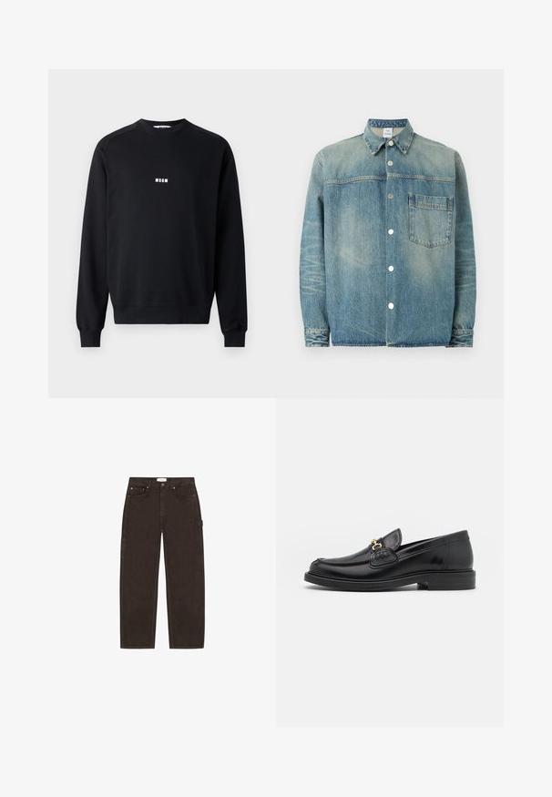 Veste en jean avec finition délavée, boutons-pression sur le devant, col pointu, manches longues et poche poitrine unique sur fond blanc.; Sweatshirt noir en coton mélangé, avec un col rond, des manches longues, des poignets côtelés et un logo MSGM blanc sur la poitrine.; Jean droit marron foncé avec poches avant, passants de ceinture, fermeture par bouton et détail d'une boucle latérale sur fond blanc.; Mocassins en cuir noir avec un embout rond, présentant des accents en métal doré et des détails de couture, montés sur une semelle en caoutchouc texturé et basse.