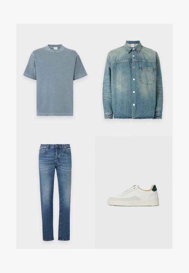 Veste en jean avec finition délavée, boutons-pression sur le devant, col pointu, manches longues et poche poitrine unique sur fond blanc.; T-shirt en coton bleu à manches courtes, col rond et broderie de logo subtile. Texture douce avec une coupe décontractée et un ourlet droit.; Jean en denim bleu coupe droite, avec design à cinq poches, motif délavé et fermeture par bouton métallique à la taille.; Baskets blanches avec des accents en daim, bout arrondi, lacets plats et semelle en caoutchouc crème. Présente une marque verte sur le talon.