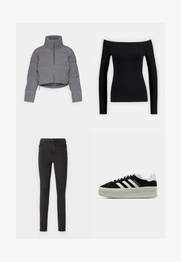 ONLY ONLLIVIA PUFFER JACKET - Winterjas - phantom; Zwarte top met lange mouwen en een off-the-shoulder ontwerp. Gemaakt van zachte stof, heeft het een aansluitende pasvorm en een naadloze constructie.; Zwarte skinny jeans van denim, met een hoge tailleband, vijf zakken en een subtiele textuur. Machinewasbaar met een ritssluiting.; Zwarte suède sneaker met witte leren accenten, drie witte strepen, platte veters en een dikke grijze platformzool. Gouden "Gazelle" branding.