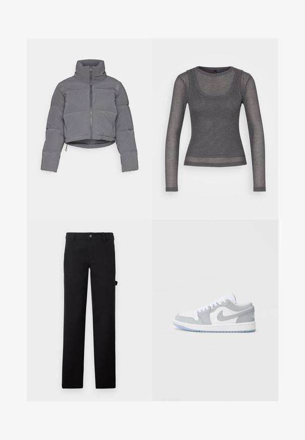 ONLY ONLLIVIA PUFFER JACKET - Vinterjakker - phantom; Grå, langærmet top lavet af ribbet stof. Har en scoop neck og blandede teksturer med kontrasterende vandrette og lodrette striber.; Sorte bukser lavet af stof med en glat tekstur, designet med lige ben, en knaplukning og en sidelomme.; Nike-sneakers med en blanding af gråt og hvidt læder, perforeret tå, snørebånd og en lys blå ydersål med logodetaljer.