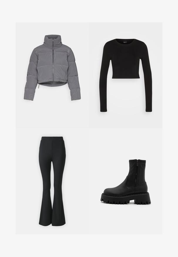 ONLY ONLLIVIA PUFFER JACKET - Zimná bunda - phantom; Gina Tricot LONGSLEEVE - Top s dlhým rukávom - black; Čierne rozšírené nohavice vyrobené z elastického materiálu. S vysokým pásom a hladkým, priliehavým strihom, ktorý sa rozširuje od kolena nadol.; Čierne členkové čižmy vyrobené z matného syntetického materiálu, s bočným zipsom, masívnou platformou s jemne zúbkovanými okrajmi a zosilnenými švami.