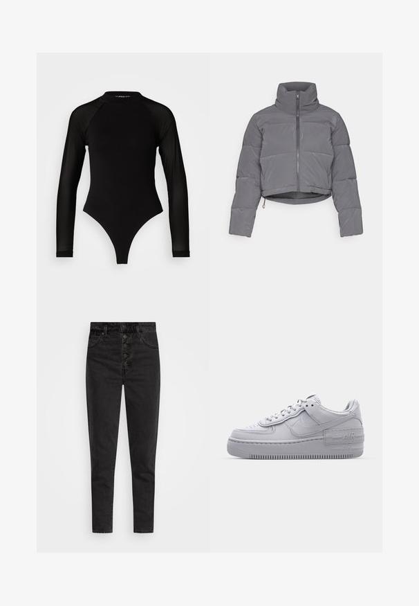 ONLY ONLLIVIA PUFFER JACKET - Veste d'hiver - phantom; Bodysuit noir à manches longues avec col haut, doté d'un tissu solide sur le torse et de manches en maille transparente, conçu dans une coupe ajustée.; Jeans en denim noir taille haute avec une fermeture à bouton, cinq poches et une coupe slim. Texture lisse avec peu d'usure et sans ornements.; Basket en cuir lisse gris Nike Air Force 1 avec un bout perforé, une semelle épaisse et un détail 'AIR' en relief sur le talon.