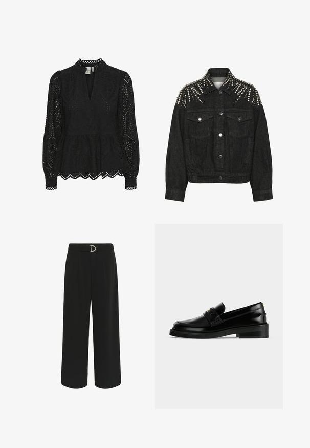 Chaqueta de mezclilla negra con tachuelas plateadas dispuestas en patrones en forma de rayo de sol en los hombros y el cuello, cierre frontal con botones y bolsillos de pecho con solapa.; Blusa negra con cuello alto, mangas largas y patrones de corte intrincados, con un dobladillo de peplum y bordes en forma de concha.; Pantalones de pierna ancha negros, hechos de una tela suave, que cuentan con una cintura ceñida con un cinturón y una hebilla en forma de D plateada, además de pliegues en la parte delantera para un detalle adicional.; Mocasín de cuero negro pulido con tacón bajo de bloque, costura moc toe y una correa decorativa en la parte superior.