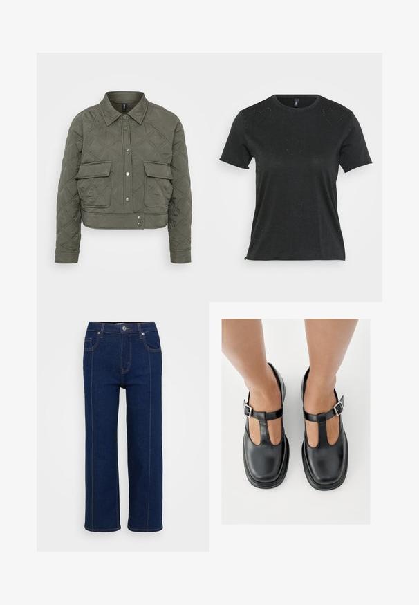 Quiltet cropped jakke i olivengrønt stof, udstyret med knaplukning foran, to brystlommer og diamantmønstre på overfladen.; Sort kortærmet T-shirt med rund halsudskæring, der har diskrete hjerteformede rhinstenapplikationer på forsiden. Blødt, afslappet stof.; Mørkeblå lige ben jeans med knaplukning, for- og baglommer samt synlig orange syning langs sømmene.; Sorte lædersko med T-rem-design, lukket tå og sølvfarvede spændeaccenter. Glat tekstur med rundet tå og flad sål.