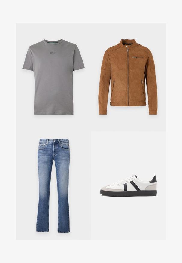 Veste en daim beige avec col montant, fermeture éclair à l'avant, deux poches latérales et une poche poitrine zippée. Texture lisse, design minimaliste.; T-shirt gris clair en coton, muni de manches courtes et d'un col rond. "REPLAY" est brodé en noir sur la poitrine.; Jean en denim bleu clair avec un design évasé, comportant cinq poches, une fermeture à bouton à l'avant et un léger délavage sur l'ensemble.; Baskets blanches avec des accents noirs et gris, présentant un embout texturé gris, une semelle en caoutchouc noir et des lacets plats blancs. Design épuré, style minimaliste.