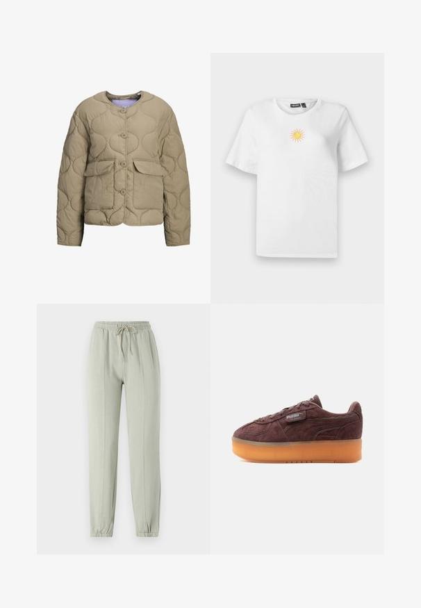 Beige gewatteerde jas met een ronde halslijn, knopen aan de voorkant en twee opgestikte zakken. Heeft een puffy textuur en een relaxte pasvorm.; Witte katoenen t-shirt met korte mouwen, voorzien van een klein, geborduurd geel en roze zonnetje op de borst.; Lichtgroene sweatpants met een elastische tailleband, verstelbare trekkoord en taps toelopende boorden. Heeft verticale naaddetails aan de voorkant.; Bruine suède Puma Palermo sneaker met dikke doorschijnende oranje zool en een gestikte logotag aan de zijkant.