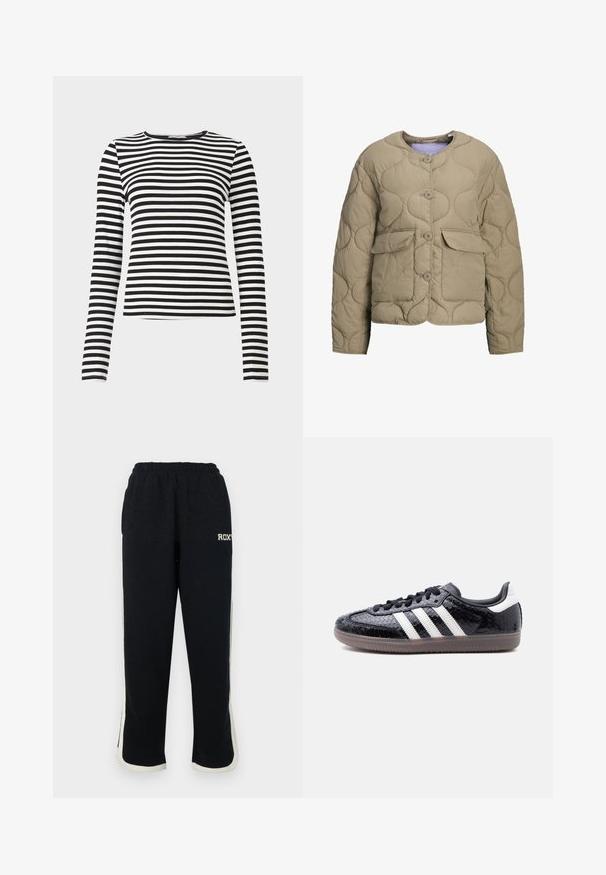 Beige quiltet jakke med rund halsudskæring, frontknapper og to påsyede lommer. Har en puf-tekstur og en afslappet pasform.; Sort og hvid stribet langærmet top med rund halsudskæring. Lavet af et ribbet stof, har den jævnt fordelte vandrette striber.; Sorte sweatpants med elastisk talje, hvide sidelister og et lille logo på forsiden. Fremstillet af et blødt, tekstureret stof.; Lavprofils sort sneaker med tekstureret slangeskindsmønster, hvide striber på siden, sorte snørebånd og en gennemsigtig brun sål.