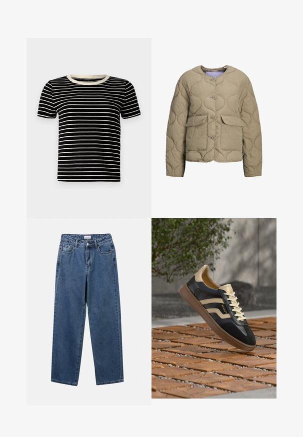 Veste matelassée beige avec un col rond, des boutons sur le devant et deux poches plaquées. Caractérisée par une texture bouffante et une coupe décontractée.; T-shirt à manches courtes noir et crème avec une texture côtelée et un col rond. Les rayures sont régulièrement espacées et horizontales.; Jean en denim bleu classique avec une coupe droite, cinq poches et une fermeture par bouton. Présente un lavage moyen et une texture robuste.; Baskets en cuir noir et beige avec lacets beiges et semelle en gomme, exposées sur un sol en carreaux de bois avec de la verdure et un mur en béton en arrière-plan.