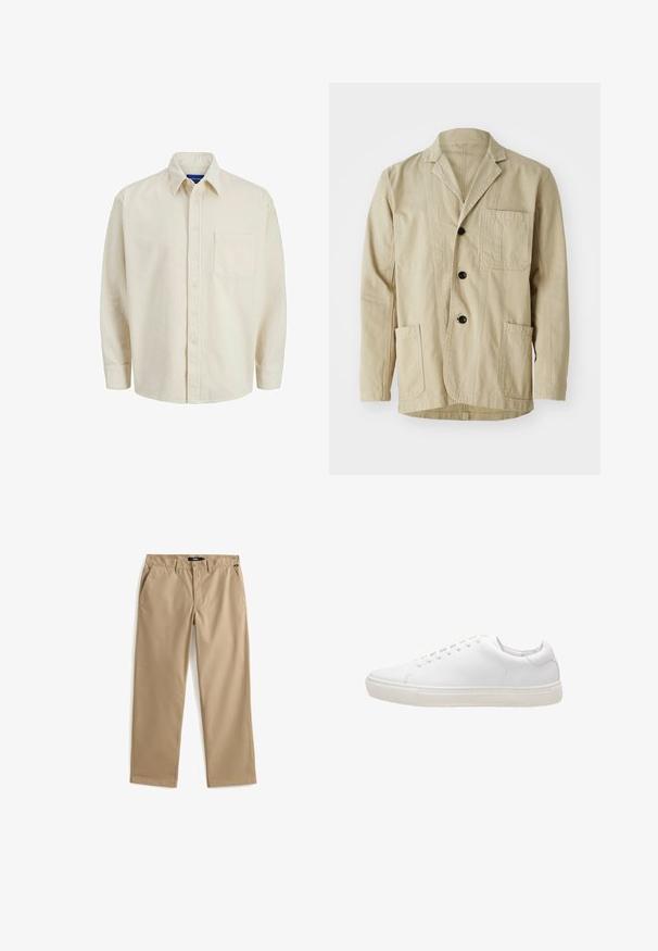 Beige bomuldsjakke med en klippet krave, tre knapper, tre lommer og en lige kant. Tekstureret stof med et minimalistisk design.; Beige corduroy skjorte med knaplukning foran, krave, lange ærmer og en enkelt brystlomme. Har smalle lodrette striber.; Beige bukser med lige ben, knap- og lynlåslukning, bæltestropper og sidelommer, lagt fladt på en hvid baggrund.; Hvide lædersneakers med en glat overflade, rund tå, snørebåndslukning og flad gummisål. Minimalistisk design uden synlige mønstre.