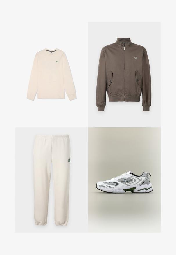 Chaqueta marrón con cremallera y cuello alzado, bolsillos con solapa abotonados, puños y dobladillo acanalados, y pequeño logo de cocodrilo verde en el pecho.; Camisa de manga larga de algodón color crema. Presenta un pequeño logotipo verde de "FILA" en el pecho y un diseño de cuello redondo con puños acanalados.; Pantalones de chándal de color beige claro, hechos de algodón, con una cinturilla elástica, puños acanalados y un logo verde con diseño de hoja en la pierna izquierda.; Zapatilla deportiva de running en blanco y gris, con paneles de malla, acentos verdes, detalles en negro y un logo en el costado, vista desde el lado exterior.