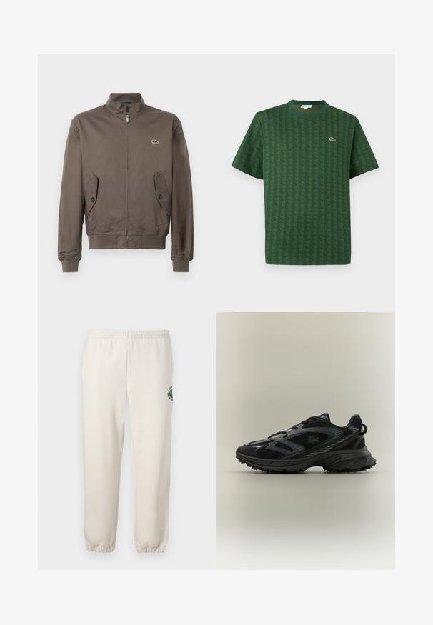 Bruine ritssluitingjack met staande kraag, knoopflapzakken, ribgebreide manchetten en onderrand, en een klein groen krokodillenlogo op de borst.; Groen t-shirt van katoen met een getextureerd geometrisch patroon. Heeft een geribbelde ronde hals en een klein logo op de borst.; Lichtbeige sweatpants van katoen, met een elastische tailleband, geribde boorden en een groen logo met een bladerenontwerp op het linkerpand.; Zwarte sportieve schoen met meshpanelen, een gestructureerde zool, veters en een gebogen silhouet met zilveren accenten aan de zijkanten.