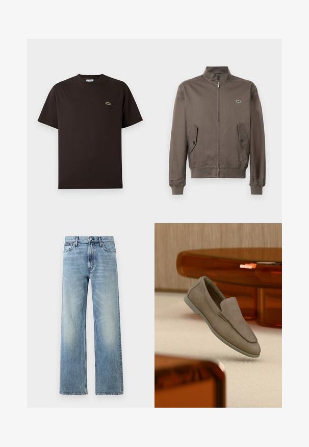 Veste zippée marron avec col montant, poches à rabat boutonnées, bords côtelés aux poignets et à l'ourlet, et petit logo de crocodile vert sur la poitrine.; T-shirt marron à manches courtes en coton. Présente un logo crocodile brodé subtil en vert sur la poitrine gauche. Design classique à col rond.; Jean droit en denim bleu clair avec taille haute, cinq poches, fermeture à boutons et léger délavage sur les cuisses et les genoux.; Mocassin beige en daim à enfiler avec coutures visibles et semelle claire, positionné au-dessus d'un tapis crème, avec un meuble translucide orange en arrière-plan.