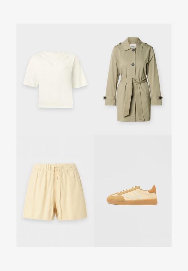 Trench-coat beige mi-longueur avec col, fermeture boutonnée sur le devant, ceinture nouée à la taille, épaulettes et brides de manche boutonnées.; Haut blanc à manches courtes avec une coupe ample et un motif en V délicat en dentelle sur la poitrine et les épaules, présenté sur un fond uni.; Shorts beige en coton avec taille élastique et cordon à l'avant, conçus pour un usage décontracté.; Baskets beige et crème en suède et cuir, avec semelles en caoutchouc, trois bandes et un accent marron au talon.