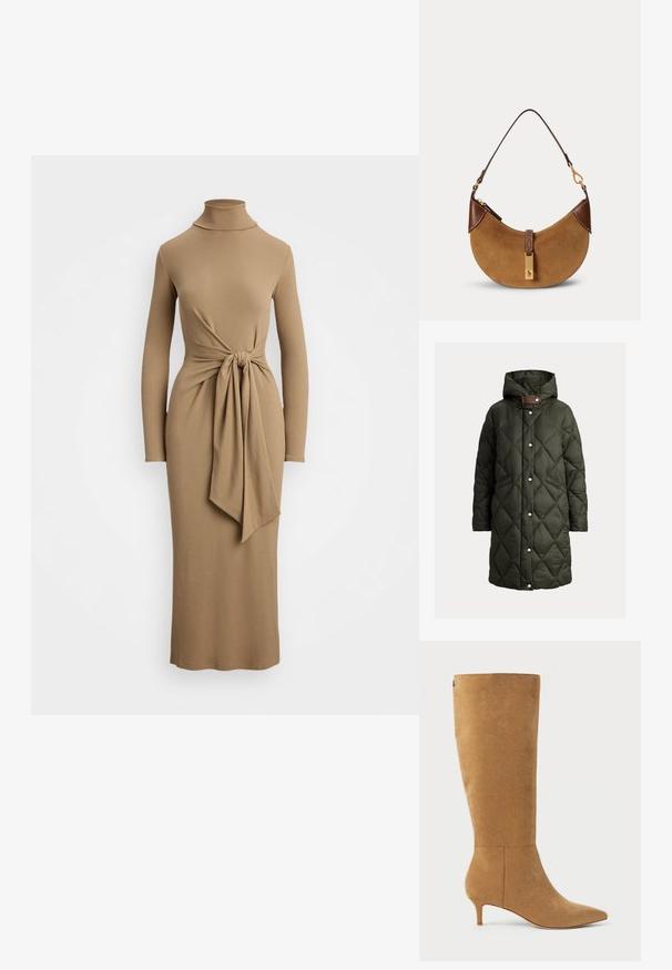 Manteau matelassé en vert foncé avec capuche, présentant une fermeture à pression, un motif de coutures diagonales et un accent en cuir au niveau du cou.; Robe midi camel à manches longues avec col roulé et un détail de nœud drapé à la taille.; Lauren Ralph Lauren MCKAY SUEDE TALL BOOT HEEL - Bottes - camel; Sac à main demi-lune en daim marron avec des accents en cuir marron foncé, des ferrures dorées et une courte bandoulière.