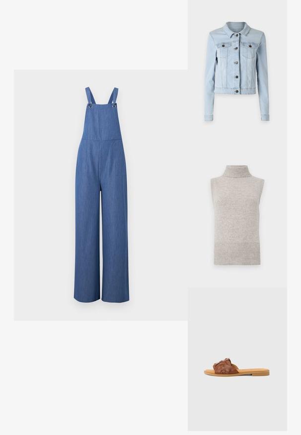 Lichtblauwe denimjasje met een cropped ontwerp, puntige kraag, knoopsluiting en twee borstzakken met flap. Glad textuur, lange mouwen.; Blauwe denim wijde broekspijpoverall met schouderbanden en metalen gespdetails aan de voorkant, hangend getoond tegen een effen achtergrond.; Mouwloze beige gebreide turtleneck sweater vest met geribde kraag, armsgaten en zoom op een witte achtergrond.; Bruine leren slippers met een geweven ontwerp op de band en een platte rubberen zool. Soepele textuur en minimalistische stijl.