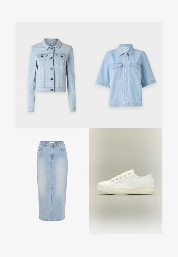 Lyseblå denimjakke med en cropped design, spidse krave, knaplukning og to brystlommer med klap. Glat tekstur, lange ærmer.; Lyseblå denim kortærmet skjorte med spidse kraver, to brystlommer og sølvfarvede trykknapper foran. Ren, glat tekstur.; Lysblå denim midi-nederdel med lige snit, frontslids og synlige sømme. Har en knaplukning og bæltestropper.; Hvid lavtop sneaker med tyk ribbet sål, snørelukning foran og trækflap på hælen mod en neutral baggrund.