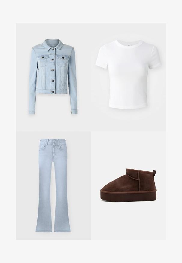 Helle blaue Jeansjacke mit einem cropped Design, spitzem Kragen, Knopfschluss und zwei Brusttaschen mit Klappe. Glatte Textur, lange Ärmel.; Weißes, kurzärmeliges, cropped T-Shirt mit Rundhalsausschnitt, auf einem neutralen, hellen Hintergrund präsentiert.; Hellblaue Jeans mit hoher Taille, Knopf- und Reißverschluss, Vordertaschen und leicht ausgestellten Beinen.; Braune Wildleder-Stiefelette mit runder Spitze, weicher Oberfläche und dicker Plattformsohle. Verfügt über dezente Nähte und eine Lasche an der Rückseite.