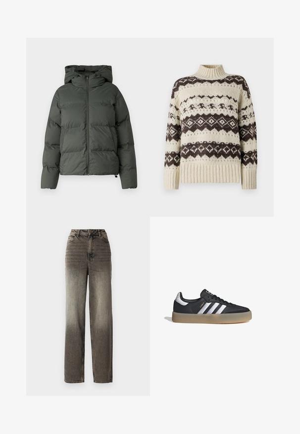 Chaqueta inflable en verde oscuro, con capucha, cierre frontal con cremallera y textura acolchada con baffles horizontales. Acabado mate suave.; Vero Moda Knitted VMAMPLE Knitted - Jersey de punto - birch; Jeans de pierna ancha, grises, con un acabado de denim desgastado. Cintura alta, cinco bolsillos y un cierre de botón clásico. Tejido texturizado con costuras visibles.; Zapatilla deportiva de cuero negro con tres rayas plateadas, punta texturizada y suela de goma. Cuenta con un collar acolchado y un diseño con cordones.