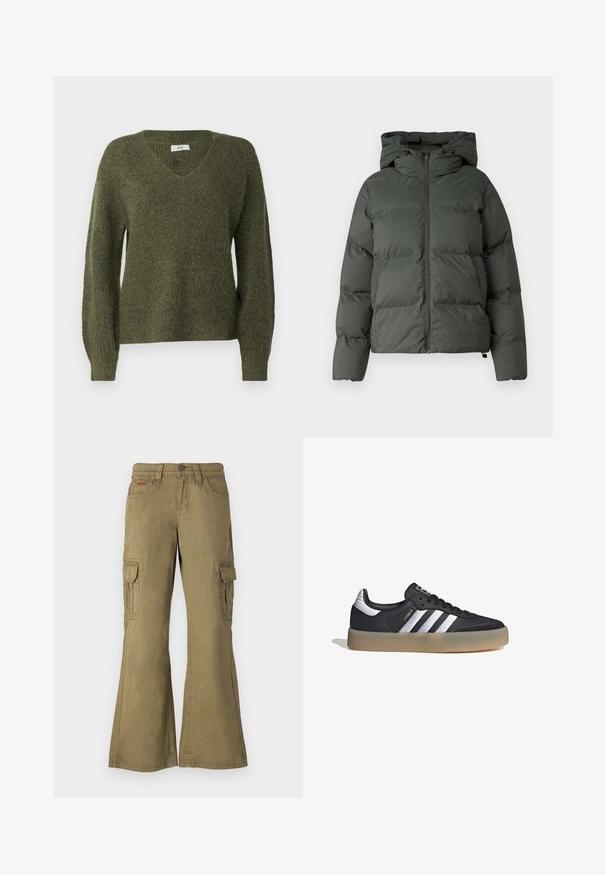 Chaqueta inflable en verde oscuro, con capucha, cierre frontal con cremallera y textura acolchada con baffles horizontales. Acabado mate suave.; JDY JDYINGEBORG ADA LIFE V NECK - Jersey de punto - winter moss; Pantalones cargo en verde oliva, fabricados en algodón. Incluyen piernas acampanadas, múltiples bolsillos laterales y un cierre de botón en la cintura.; Zapatilla deportiva de cuero negro con tres rayas plateadas, punta texturizada y suela de goma. Cuenta con un collar acolchado y un diseño con cordones.