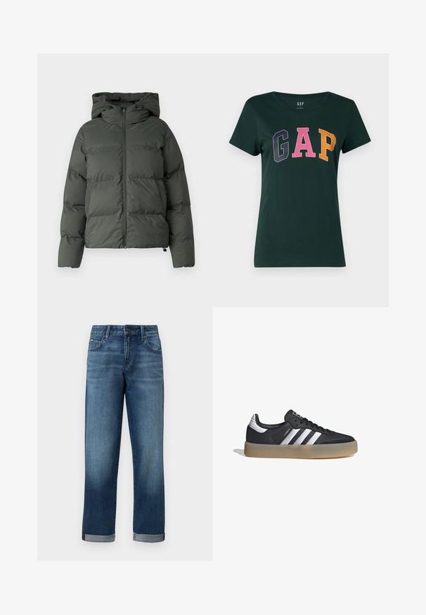 Pufferjack in donkergroen, met een capuchon, een ritssluiting aan de voorkant en een gequilt textuur met horizontale baffles. Gladde matte afwerking.; Donkergroene katoenen T-shirt met een ronde hals, met het woord "GAP" in grote, kleurrijke blokletters: marineblauw, roze en oranje.; Spijkerbroek in een middelblauwe wassing met een rechte pijpdesign, voorzien van opgerolde manchetten en minimale slijtage. Klassieke vijfzakkenstijl.; Zwarte leren sportschoen met drie zilveren strepen, een gestructureerde neus en een gumrubberen zool. Bevat een gevoerde schacht en vetersluiting.