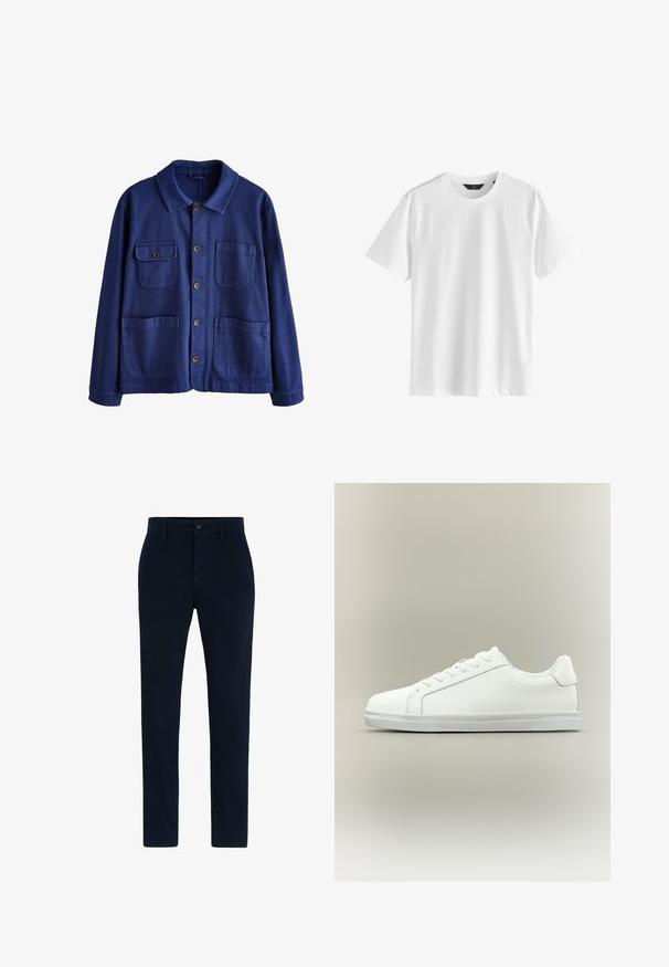Chaqueta azul con botones, tiene cuatro bolsillos delanteros, incluyendo uno con solapa, y un cuello clásico, mostrada sobre un fondo blanco.; Camiseta blanca lisa de manga corta y cuello redondo, de tela suave y con una etiqueta negra en el cuello.; Chinos azul marino hechos de una tela suave y duradera. Presentan un cierre de botón, lazos para cinturón y un diseño de pierna recta. Sin patrones visibles.; Zapatilla blanca de caña baja con cordones al frente y suela de goma texturizada sobre un fondo neutro y sencillo.