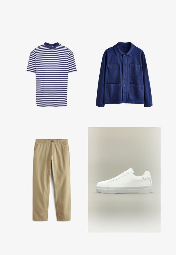 Chaqueta azul con botones, tiene cuatro bolsillos delanteros, incluyendo uno con solapa, y un cuello clásico, mostrada sobre un fondo blanco.; Camiseta de manga corta a rayas con rayas horizontales azul marino y blancas, cuello redondo, corte relajado y material de algodón suave.; Pantalones beige de mezcla de algodón, con cierre de botón, dos bolsillos delanteros y piernas rectas con textura mínima.; Zapatilla blanca de corte bajo con cierre de cordones, cuello acolchado y suela de goma texturizada, mostrada de perfil sobre un fondo neutro.