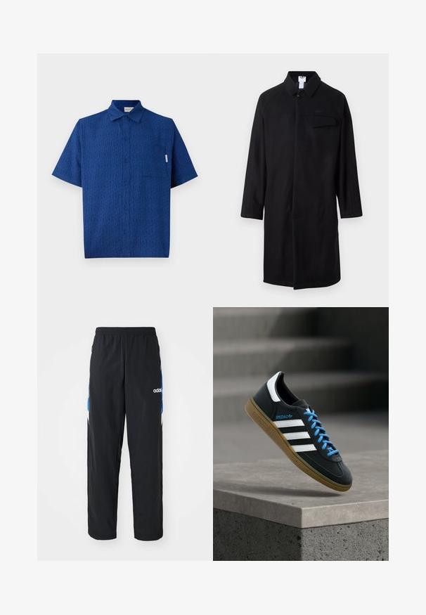 Schwarzer Mantel mit Kragen, langen Ärmeln, einem einzigen Knopfverschluss und einer Brusttasche. Besitzt strukturierte Seitenpaneele.; Kurzarmliges blaues Hemd aus strukturiertem Stoff mit einem subtilen Muster, Knopfleiste vorne und einer einzigen Brusttasche.; Schwarze Sporthose mit elastischem Bund, ausgestattet mit blauen und weißen grafischen Akzenten an den Seiten und einem gestickten Logo.; Schwarzer Adidas-Sneaker mit weißen Streifen, blauen Schnürsenkeln und Gummisohle, der über einer grauen Betontreppe im weichen Licht schwebt.